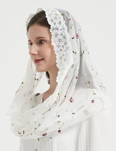 Vista 5 de Velos católicos para mujer, encaje de rosa, bordado infinito, forma de Mantilla velo cubierta de cabeza M3