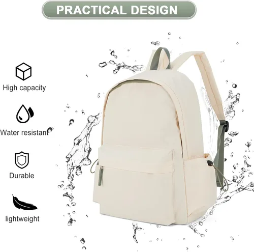 Vista 2 de Mochila ligera Mochila impermeable para estudiantes de secundaria, A-beige Verde, Mochila escolar