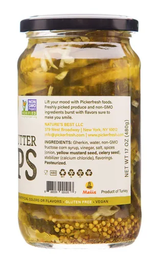 Vista 2 de Pickerfresh Encurtidos con chips de pan y mantequilla, pepinillos dulces estilo chip de corte arrugado, ingredientes simples, sin OMG, sin