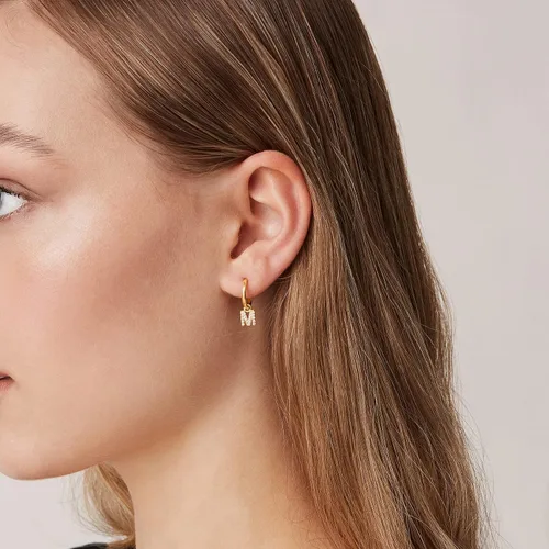 Vista 4 de PAVOI 14K Gold Plated 925 Sterling Silver Post Huggie Earring With Initial Dangle CZ Initial Huggie Hoop Earrings Womens Cubic Zirconia Dangle