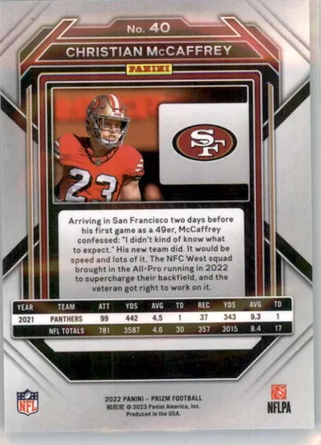 Vista 2 de 2022 Panini Prizm Football #40 Christian McCaffrey San Francisco 49ers Tarjeta oficial NFL