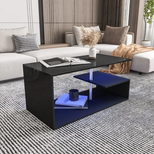 Vista 7 de HOMMPA Mesas de centro LED para sala de estar, moderna mesa de centro negra con forma de S de 3 niveles, estante de almacenamiento abierto, mesa