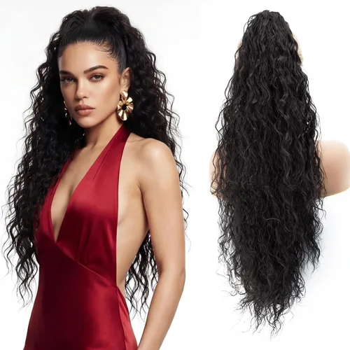 Vista 31 de Extensión de Cola de Caballo, Extensión de Cabello con Garra Larga de 20", Piezas de Cabello Sintético Ondulado Liso con Clip en Peluca de Cola
