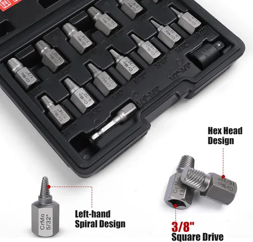 Vista 3 de Juego de 15 piezas de extractor de tornillos, kit de extractor de pernos fácil de quitar, kit de removedor de pernos de cabeza hexagonal de 3/8