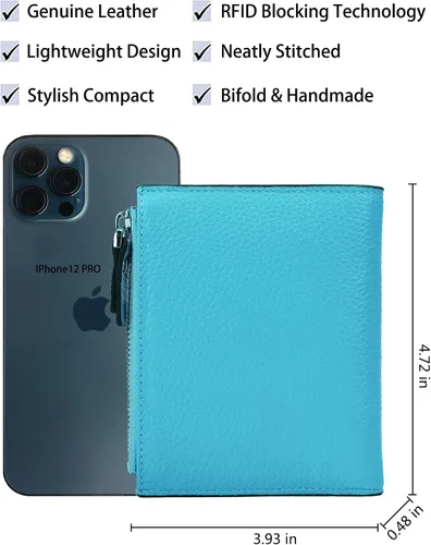 Vista 4 de AINIMOER - Cartera de piel con bloqueo RFID para mujer, tamaño pequeño, compacta, doble zíper, con ventana para identificación