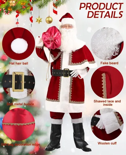 Vista 5 de SuBleer Santa Claus Costume for Men Deluxe Santa Costume Velvet Santa Suit Adults Men Santa Outfit for Christmas Party