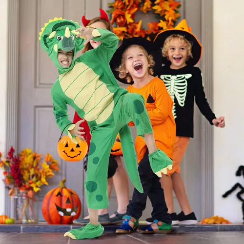 Vista 5 de LIZHOUMIL Disfraz de dinosaurio de Halloween, disfraz de Triceratops de lujo, color naranja para niños
