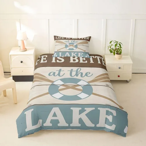 Vista 46 de Erosebridal Lake House Twin Bed Set for Boys Girls Kids, Blue and Beige Lakehouse 2Pcs Duvet Cover with Zipper, Rustic Farmhouse Bedding Sets