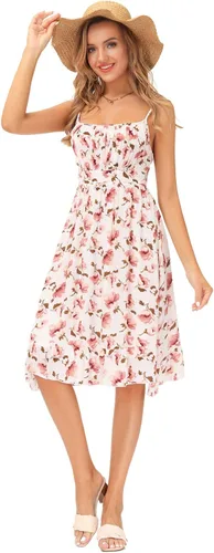 Vista 2 de GRACE KARIN Vestido floral con tirantes delgados para mujer, dobladillo con volantes, plisado, casual, vestido de verano, bohemio, vestido de playa