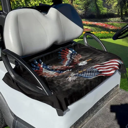 Vista 3 de Fundas de asiento de carrito de golf con bandera estadounidense de águila, manta de golf duradera para asientos de 2 personas, resistente a