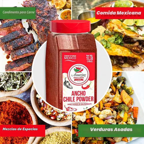 Vista 2 de Polvo de Chile Ancho Molido 1 LB (16oz) – Completamente Natural - Usar Para Recetas Como Mole Mexicano, Salsas, Guisos, Salsa, Carnes, Enchiladas.