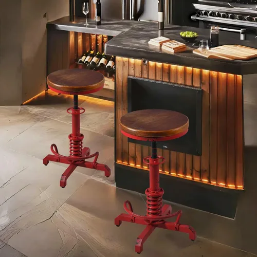 Vista 8 de Topower Industrial Retro Vintage Farm Asiento de madera Tractor Taburete Cocina Giratorio Altura Ajustable Taburete de bar Rojo Antiguo