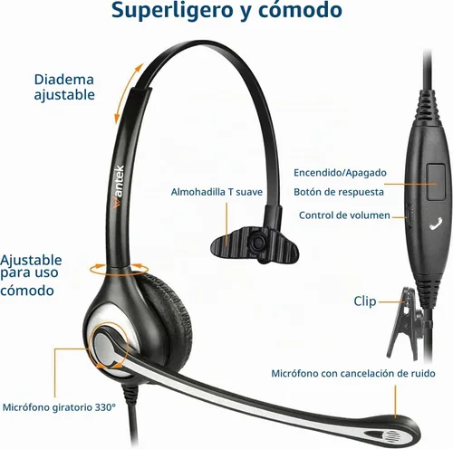 Vista 4 de Wantek Auriculares para teléfono celular con micrófono con cancelación de ruido para portátiles, PC, conector de 0.1 in, control de volumen