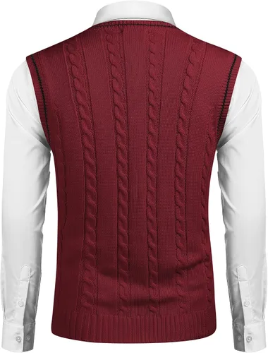 Vista 2 de COOFANDY Suéter para hombre, cuello en V, ajustado, casual, sin mangas, tejido trenzado