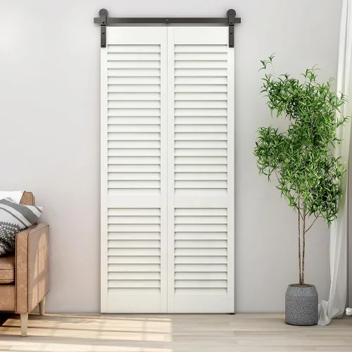 Vista 3 de Kit de herrajes para puerta de granero plegable de 42 pulgadas, kit de riel de rodillos resistente para 2 puertas montadas en el lateral, suave