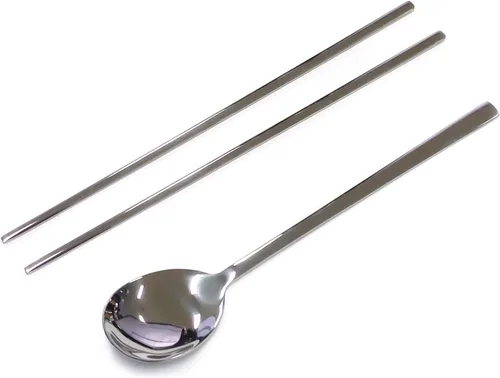Vista 4 de Cubertería tradicional coreana de acero inoxidable cucharas y palillos juego de vajilla con mano larga, reutilizable (sin patrón)