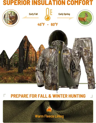 Vista 6 de NEW VIEW Ropa de caza de camuflaje para hombres, forro polar cálido y silencioso, chaqueta y pantalones de caza de ciervos para clima frío