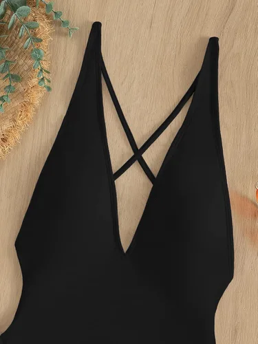 Vista 4 de SHENHE Traje de baño de una pieza con cuello en V profundo y espalda cruzada para mujer