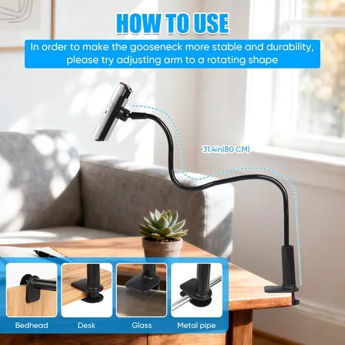 Vista 7 de Soporte para tableta de cuello de cisne para cama, abrazadera de soporte flexible de brazo largo ajustable para soporte de teléfono de escritorio