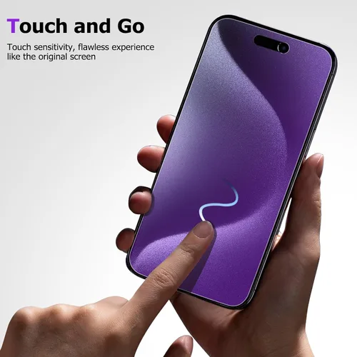 Vista 4 de Protector de pantalla de privacidad para iPhone 15 Pro Max con protector de lente de cámara, película de vidrio templado antiespía morado mate Azul