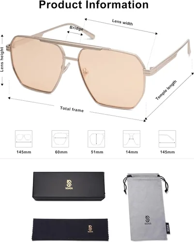 Vista 5 de SOJOS Gafas de sol polarizadas cuadradas de gran tamaño retro para mujeres y hombres, tonos vintage, UV400, lentes de sol clásicos grandes de metal