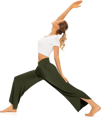 Vista 4 de TARSE Pantalones de pierna ancha para mujer, pantalones de yoga de cintura alta cruzada, pantalones casuales para descansar, pantalones de pijama
