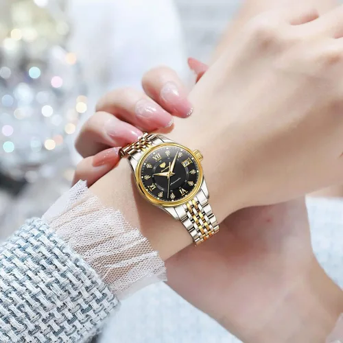 Vista 3 de OLEVS Reloj automático para mujer, de lujo, con cuerda automática, de diamante, de acero inoxidable, de fase lunar, impermeable, esfera azul luminosa