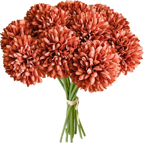 Vista 19 de Mandy's 6 tallos de seda beige Kiku flores de bola Tallos artificiales de crisantemo para decoración del hogar, verano, arreglo floral sintético