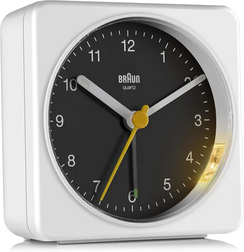 Vista 13 de Braun Reloj despertador analógico clásico con repetición y luz, movimiento de barrido de cuarzo silencioso, alarma de pitido Crescendo en blanco