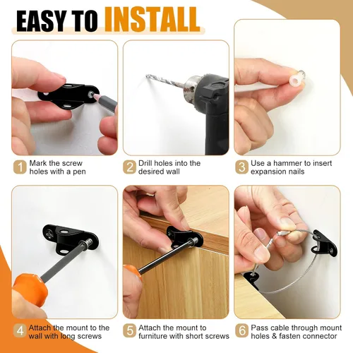 Vista 4 de Paquete de 6 anclajes para muebles a prueba de bebés, kit de seguridad con correas antipuntas para evitar que el tocador, estantería, armario se