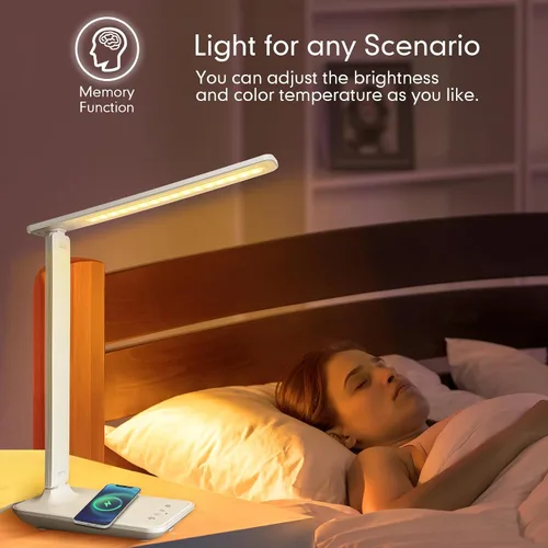 Vista 4 de Lámpara de escritorio LED White Crown con cargador inalámbrico de 15W y puerto USB, lámpara de mesa regulable con 5 modos de iluminación, control