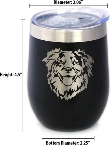 Vista 4 de Australian Shepherd Face - Wine Tumbler Glass with Sliding Lid - Stainless Steel Insulated Mug - Unique Dog Themed Decor and Gifts for Moms & Dads