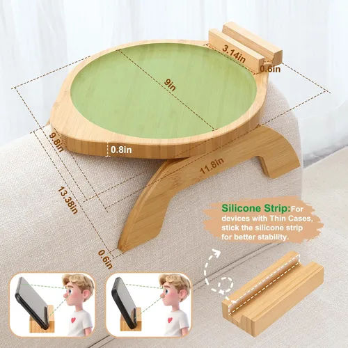 Vista 5 de SINWANT Mesa de brazo para sofá, bandeja redonda de bambú con clip para sofá con soporte para teléfono de 360°, mesa plegable para reposabrazos