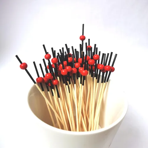 Vista 2 de Guqing 200 palillos de dientes redondos rojos de barra negra para aperitivos, palillos de dientes decorativos de madera, palillos de cóctel hechos a