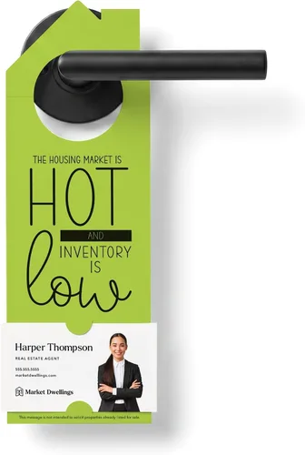 Vista 15 de Real Estate Door Hangers for Agents, The Housing Market Is Hot and Inventory Is Low, 50 Pack with Business Card Slot, 100lb Cardstock, White, Market
