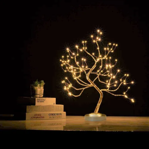 Vista 7 de Luz de árbol de bonsái dorada mate de 20 pulgadas, lámpara de mesa de árbol de luz de hadas artificial, ocho modos de iluminación, funciona con USB
