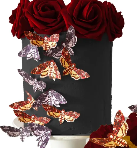Vista 2 de Juego surtido de 24 polillas comestibles de cabeza de muerte pequeña – Obleas para pasteles y cupcakes – polillas comestibles para decoración