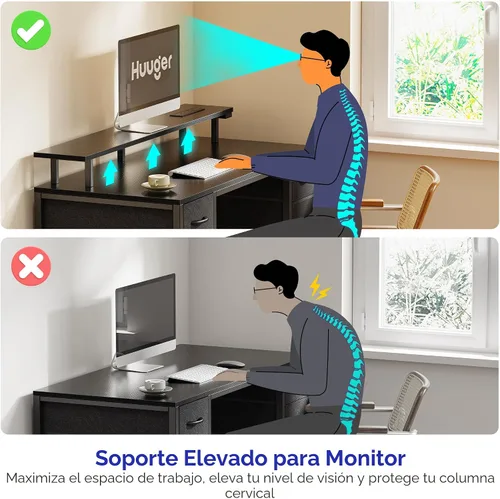 Vista 7 de Huuger Escritorio para computadora de 47 pulgadas con 4 cajones, escritorio para juegos con luces LED y tomas de corriente, escritorio de oficina