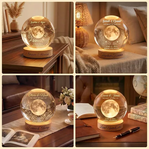 Vista 5 de Luz nocturna de bola de cristal de fase lunar personalizada, recuerdo de regalos de boda luna1