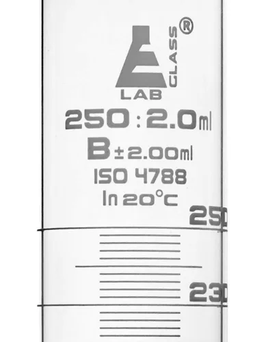 Vista 2 de EISCO Cilindro graduado, 8.5 fl oz - Tolerancia de clase B ± 0.1 fl oz Base hexagonal Blanco Graduaciones Borosilicato 3.3 Glass- Eisco Labs