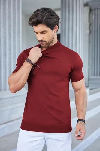 Vista 3 de COOFANDY Suéter de cuello alto falso para hombre, de manga corta, color sólido, básico, ajustado, de punto