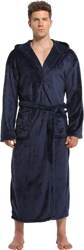 Vista 4 de iFigure Bata de baño de forro polar con capucha para hombre, bata larga de felpa para hombre, cálida y suave bata de spa