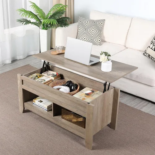 Vista 2 de Yaheetech Mesa auxiliar moderna con parte superior elevable con compartimento de almacenamiento oculto y 2 estantes abiertos, mesa de centro