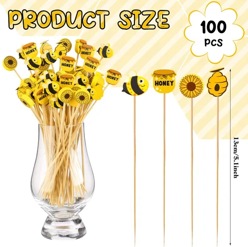 Vista 3 de Zubebe Palillos de cóctel de abejas de verano, palillos de dientes de bambú de girasol, palillos de dientes de cóctel para cupcakes, aperitivos