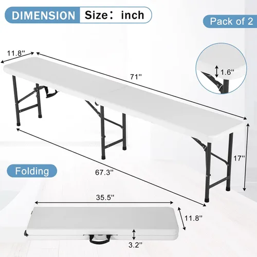 Vista 2 de Bancos plegables de plástico de 6 pies, paquete de 2, banco portátil para exteriores con asa y cerradura para picnic, camping, comedor, fútbol