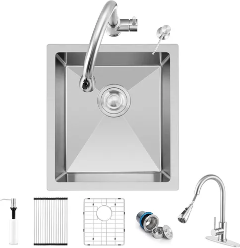 Vista 15 de Herogo Fregadero de cocina de 15 x 15 pulgadas, pequeño fregadero profundo de un solo tazón, hecho a mano para casa rodante, bar, lavandería, sala