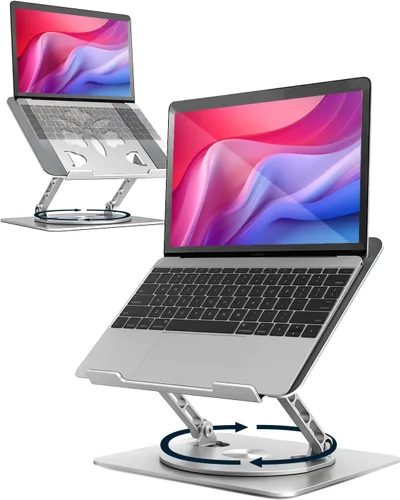 Vista 10 de Soporte ajustable para laptop de escritorio - Elevador portátil para laptop con base giratoria, soporte plegable de aluminio para computadora Negro