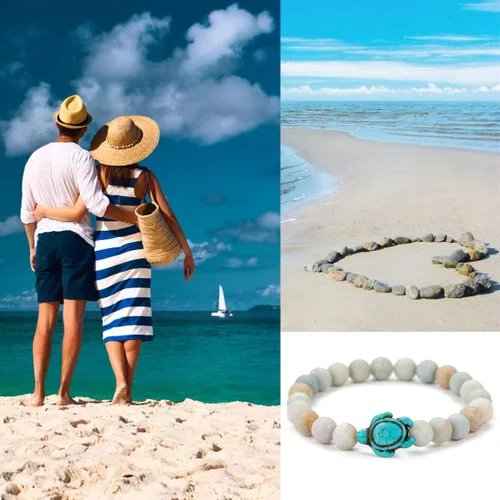 Vista 8 de Pulseras de tortuga marina oceánica, joyería de playa para mujeres y hombres, 0.315 pulgadas (0.315 in) de piedra natural, pulsera elástica