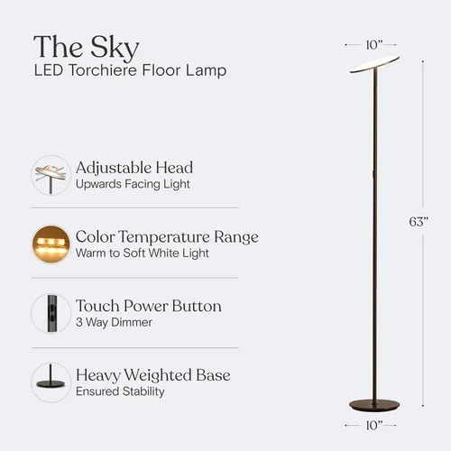Vista 3 de Brightech - Sky 30 Flux Edition - Lámpara de pie LED Torchiere - LED superbrillante de 30 vatios - Ajuste de la temperatura de color a 3 niveles