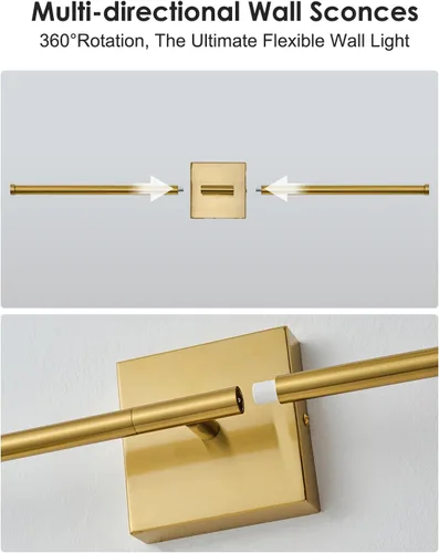 Vista 5 de KARTOOSH Juego de dos apliques de pared modernos, apliques de pared regulables con cableado, rotación de 350°, lámparas de pared LED de latón